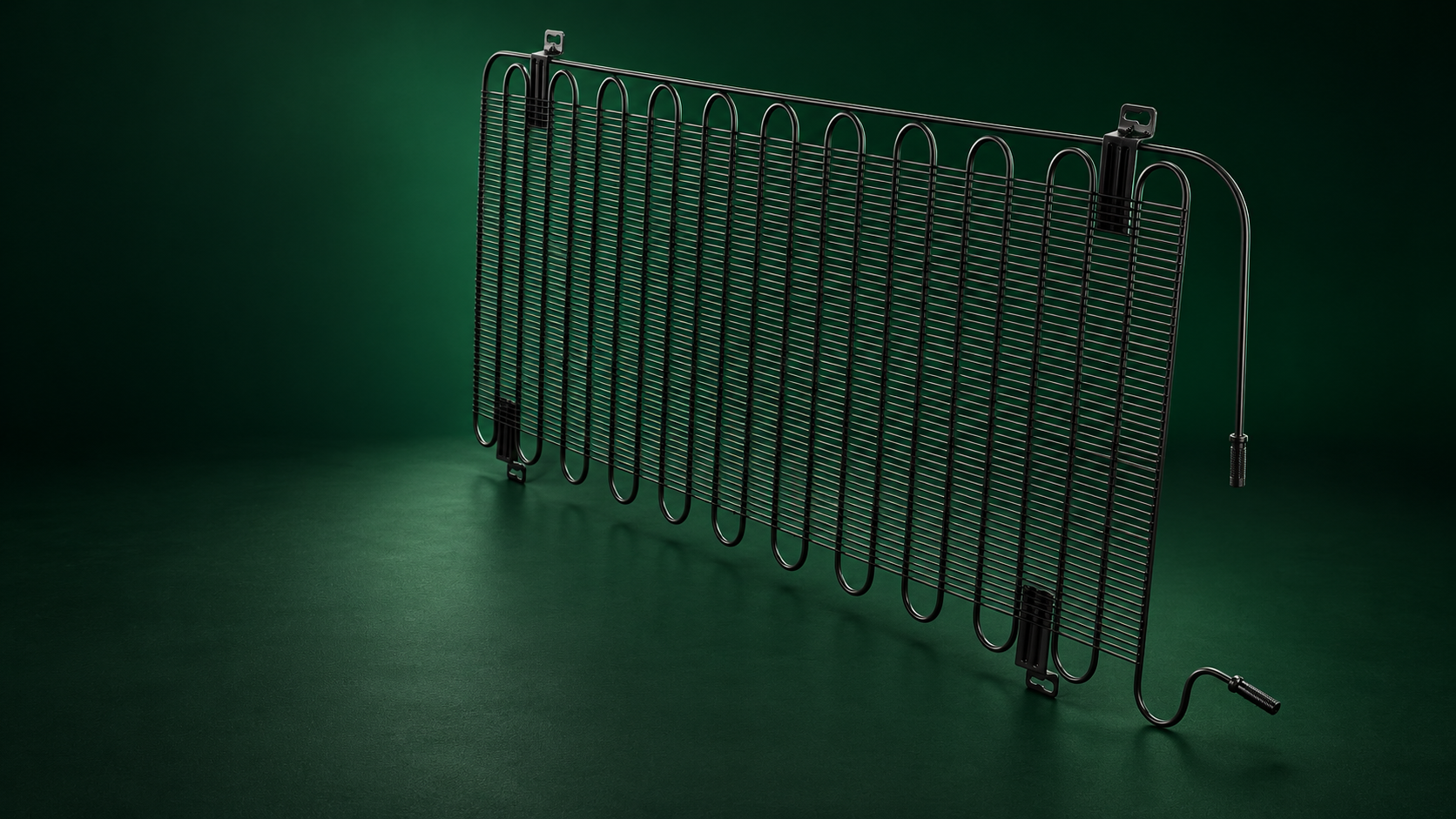 Illustration of a black wire-on-tube refrigerator condenser with two separate tube ends.