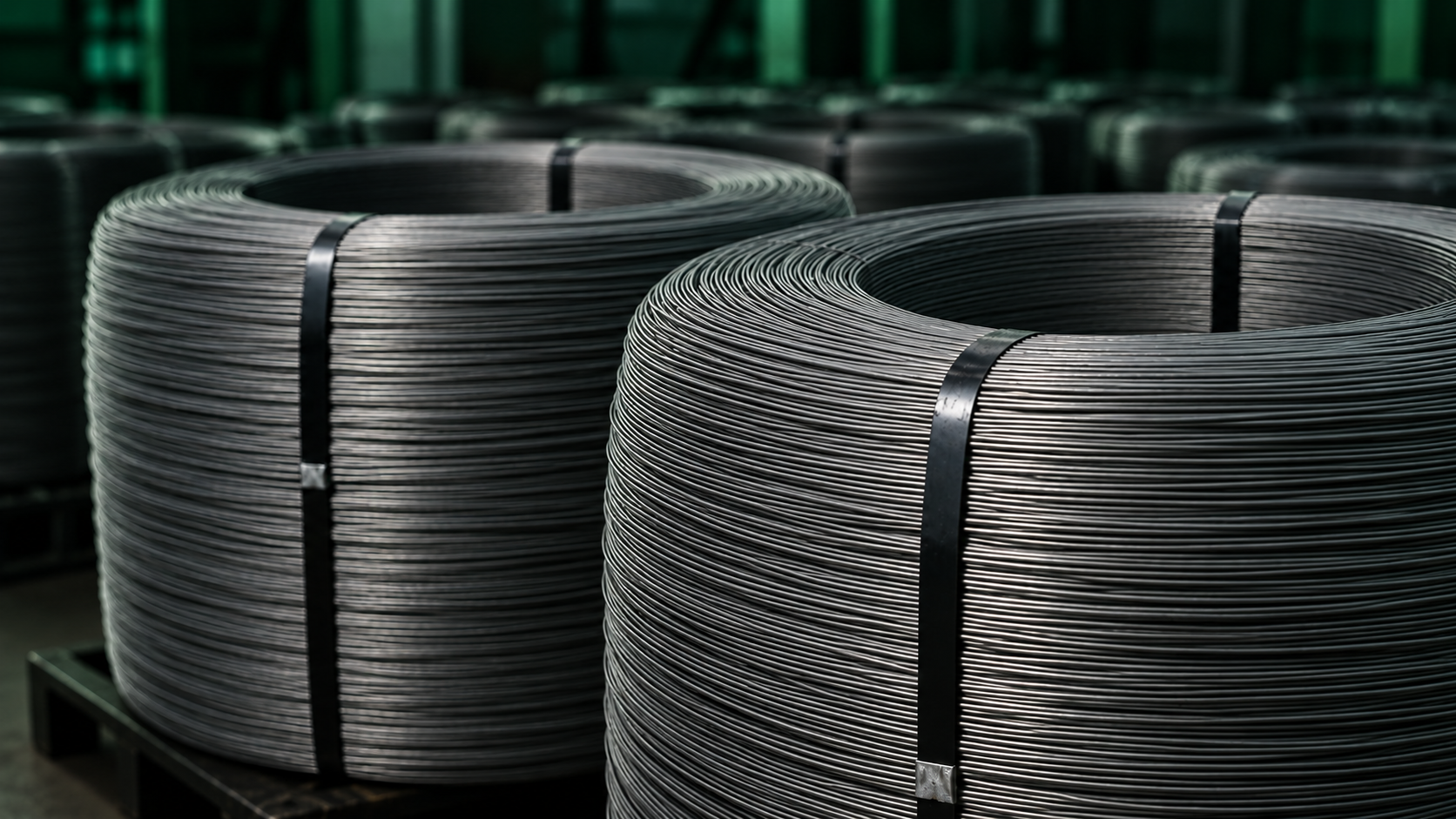 Illustration of steel wire coils stored in rows.