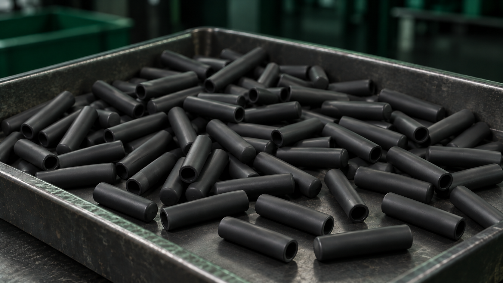 Illustration of a tray containing black rubber caps, each closed at one end.